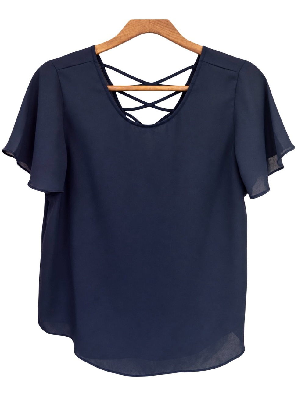 Pink Rose Navy Blue Flutter Sleeve Crisscross Back Sheer Blouse Top Size Medium